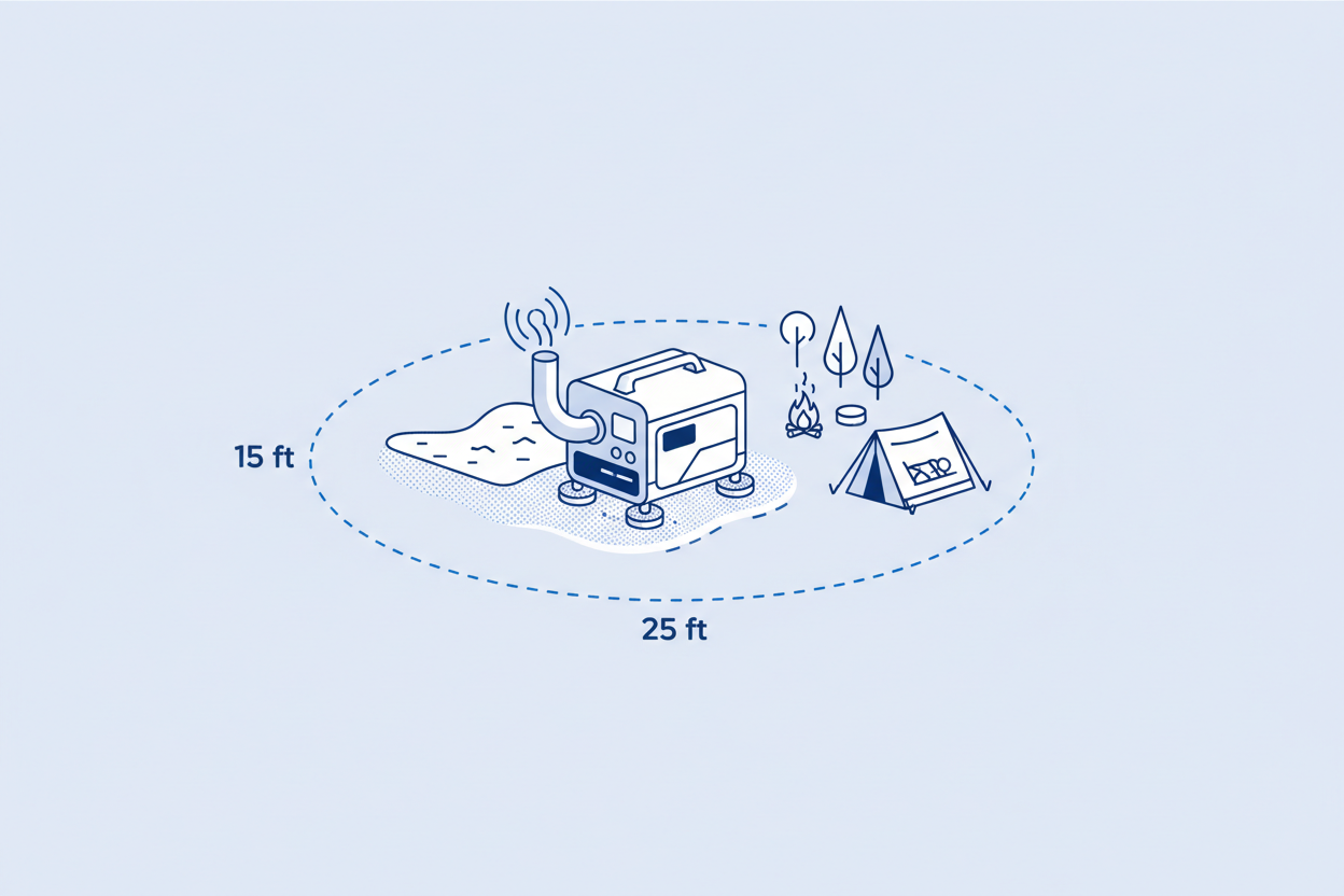 Technical illustration showing multiple ways to reduce camping generator noise.