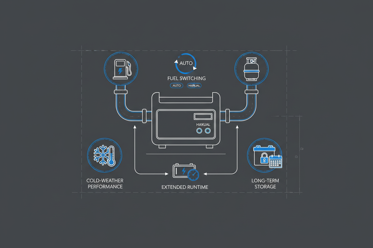 Technical illustration showing advantages of dual-fuel generators for home backup.