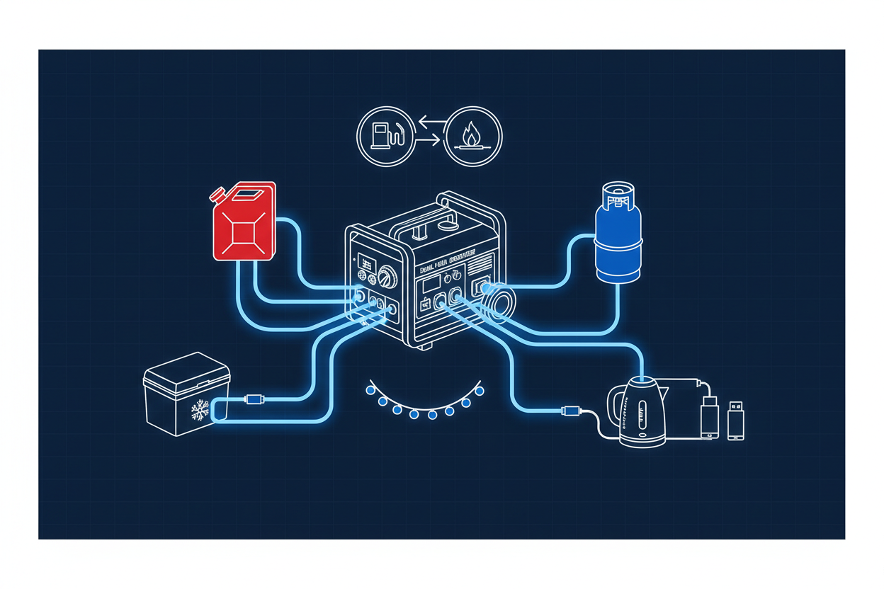 Technical illustration of a dual-fuel camping generator using gasoline and propane.