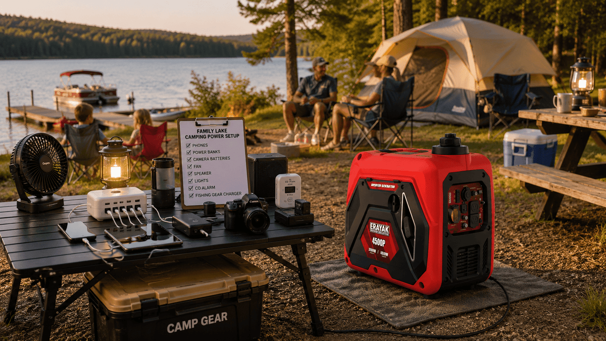 Family Lake Camping Power Setup: Portable Generator Guide for Coolers, Lights, Fans and Charging - Erayak Power