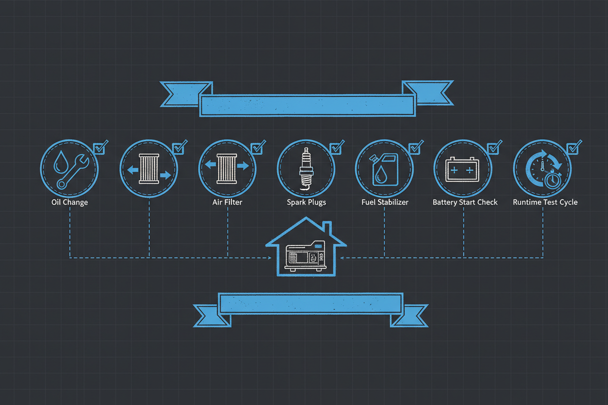 Technical illustration showing home backup generator maintenance tasks.