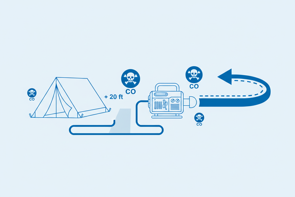 Technical illustration of safe camping generator placement and operation.