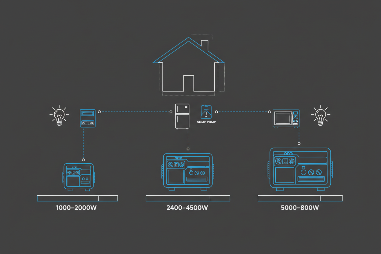 Technical illustration comparing wattage classes for home backup generators.