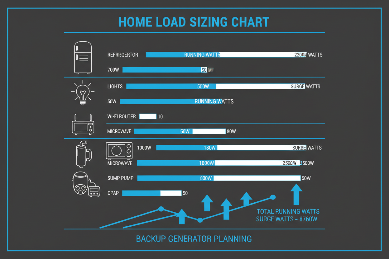Technical illustration showing home backup generator load sizing chart.