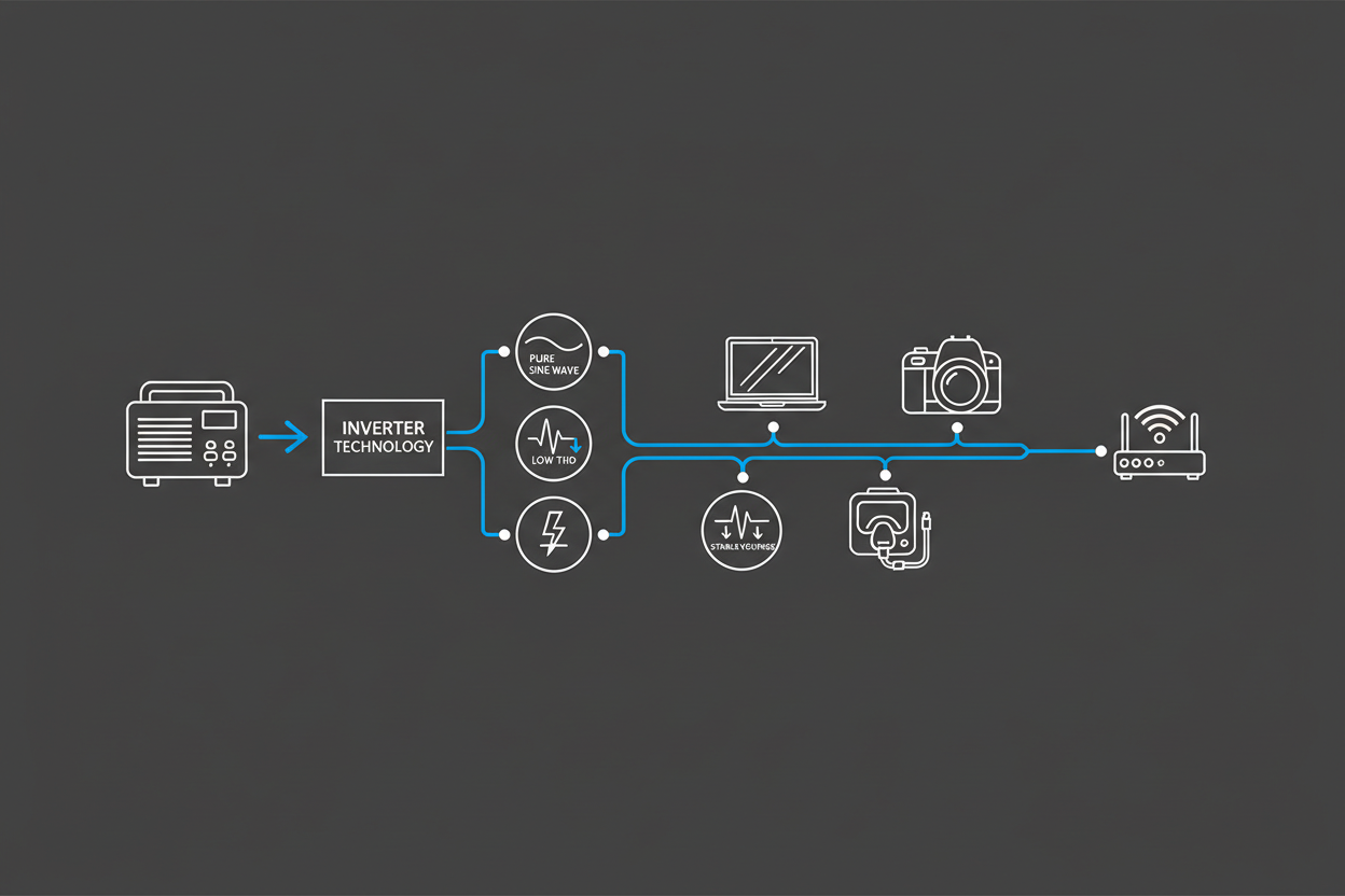 Schematic illustration showing inverter generator powering sensitive electronics safely.