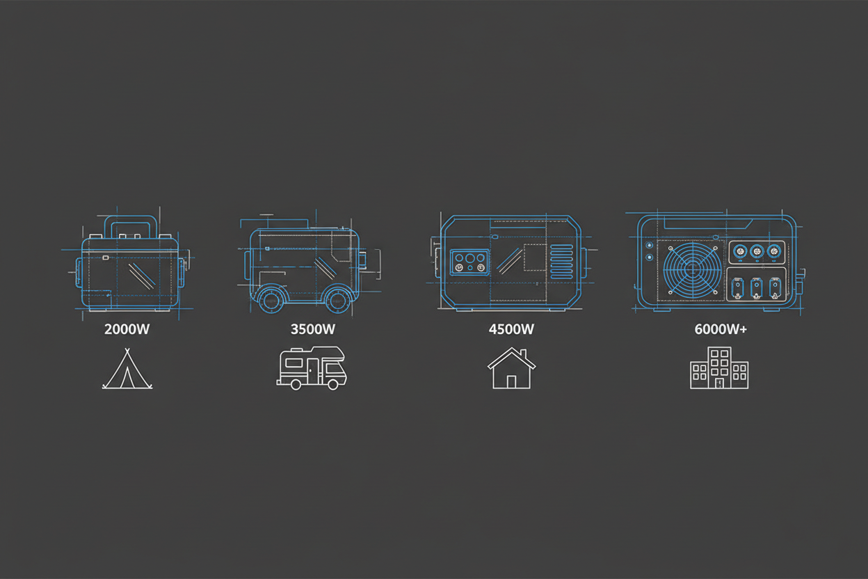 Schematic illustration showing different inverter generator wattage categories.