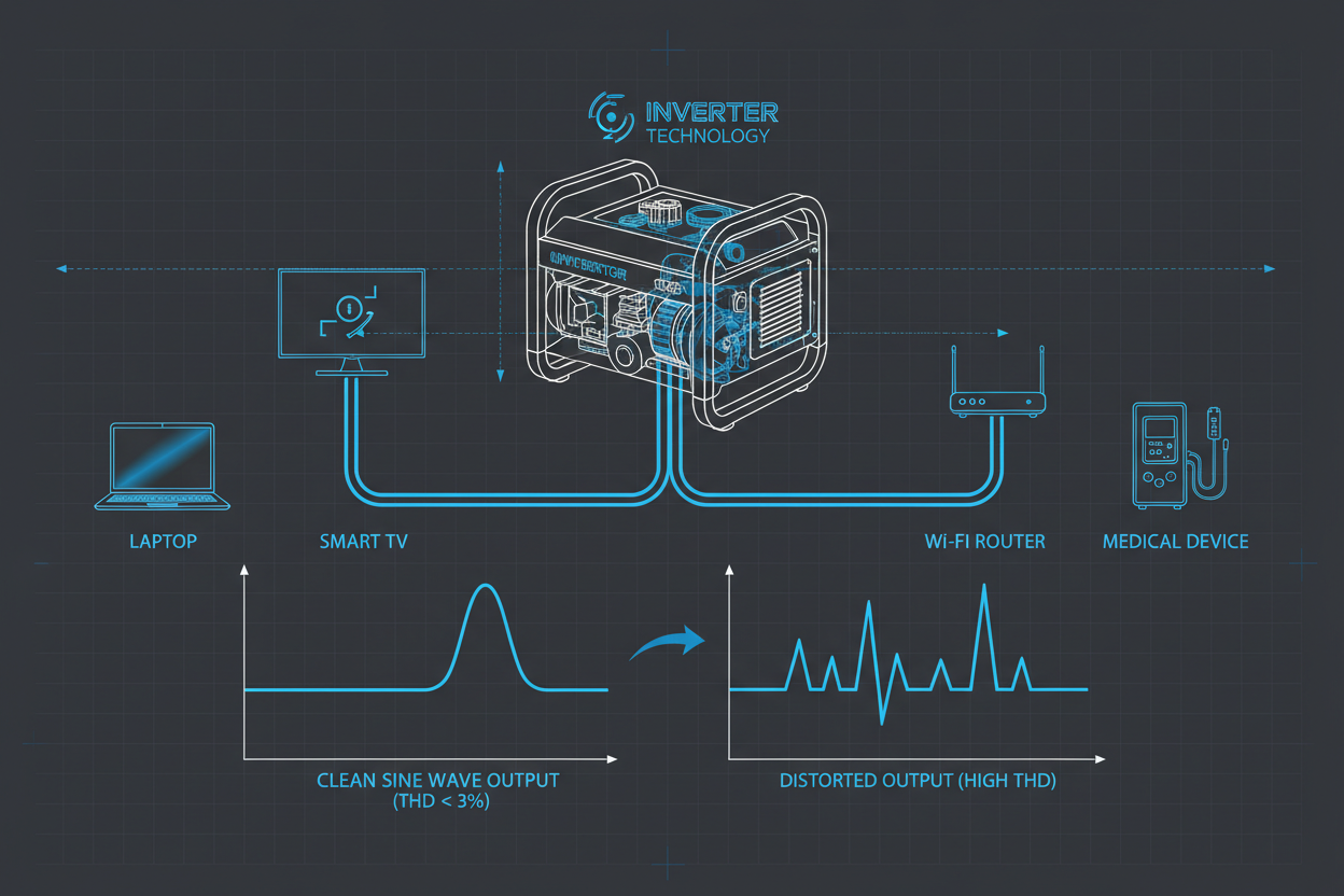 Technical illustration showing clean sine wave output from an inverter generator powering home electronics.