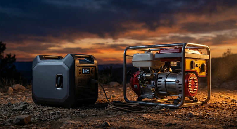 Two portable generators of different sizes and designs placed side by side outdoors under a dramatic dusk sky, highlighting their contrasting forms.