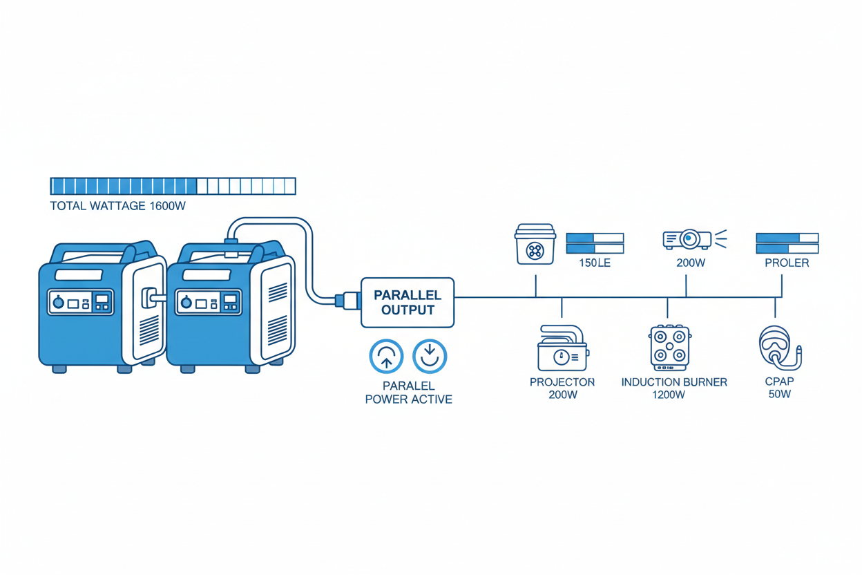 Technical illustration of two camping generators running in parallel at a campsite.