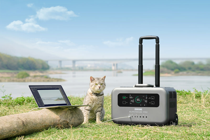 a cat sitting next to a laptop on the grass