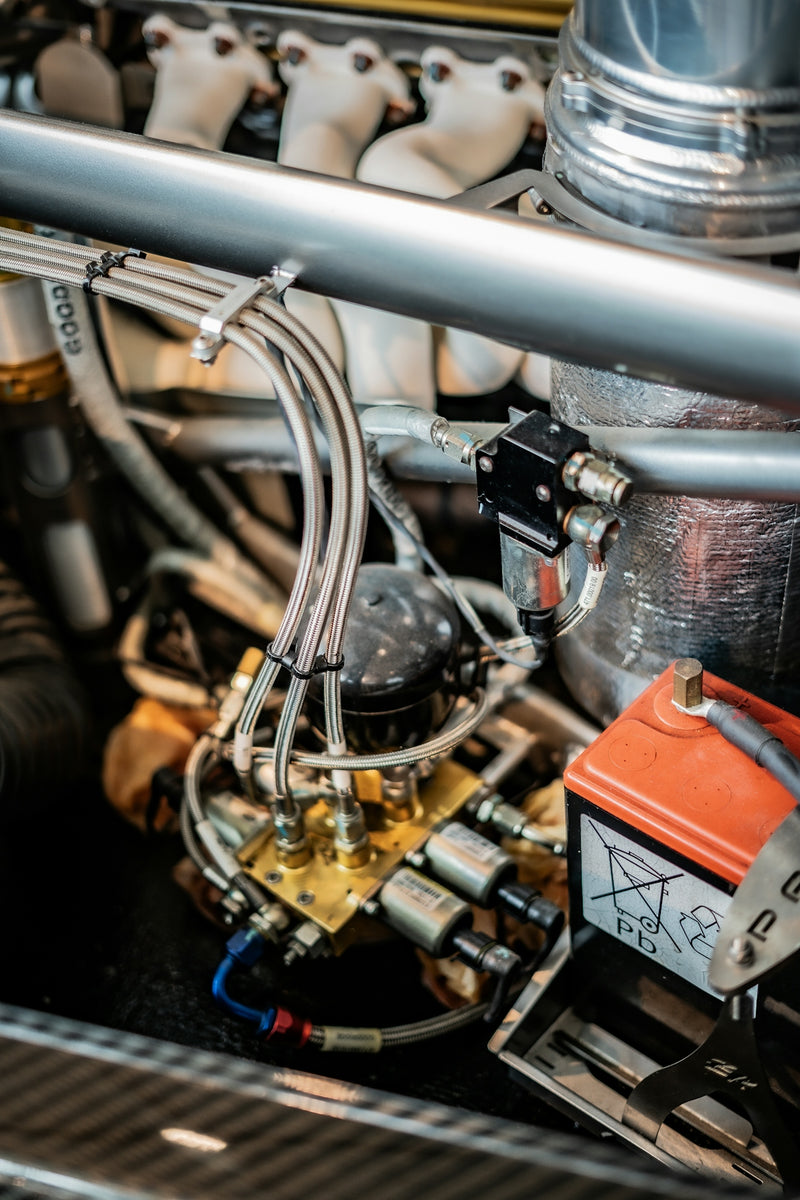A close up of the engine of a car