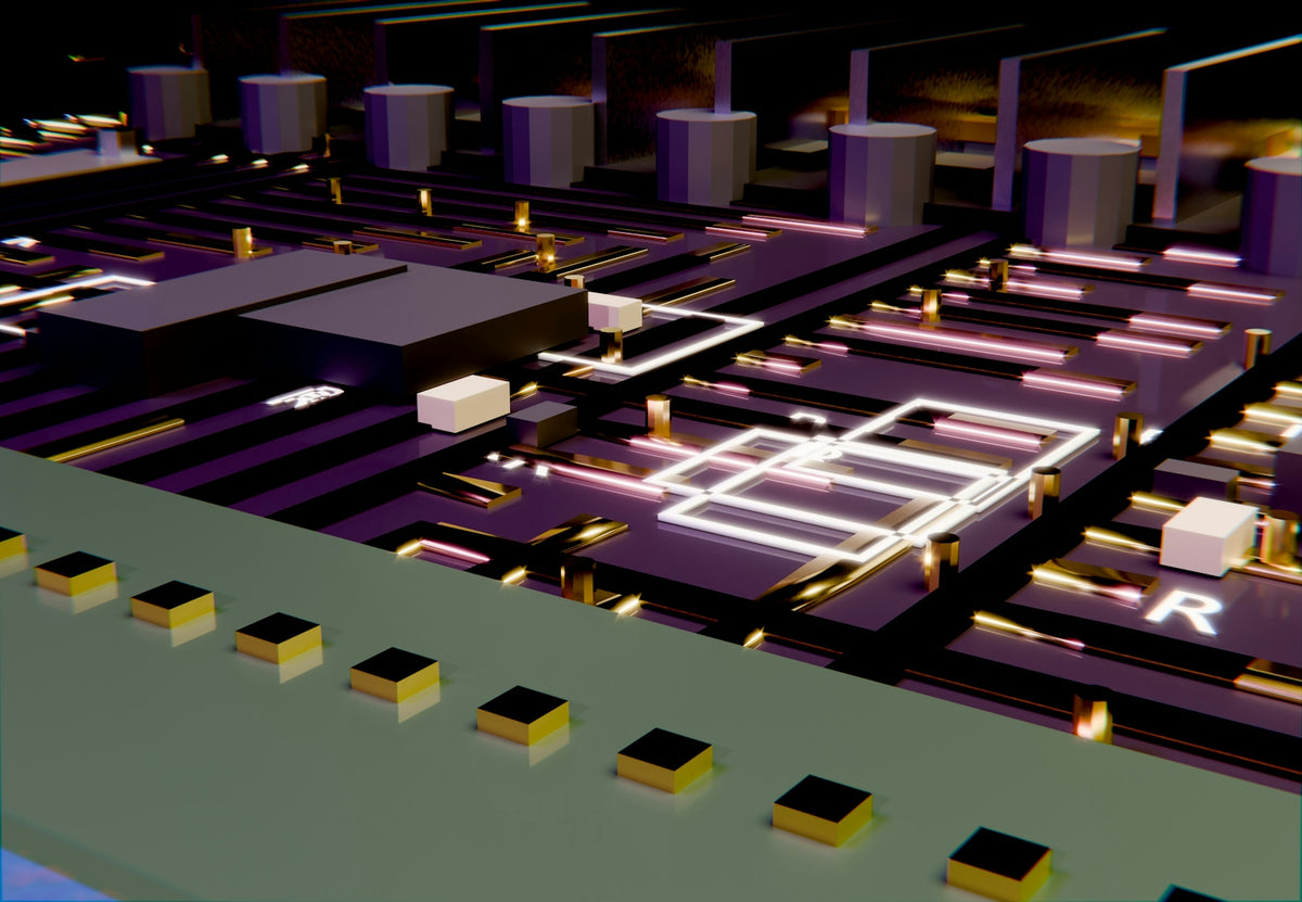 A detailed electronic circuit board with components and glowing traces