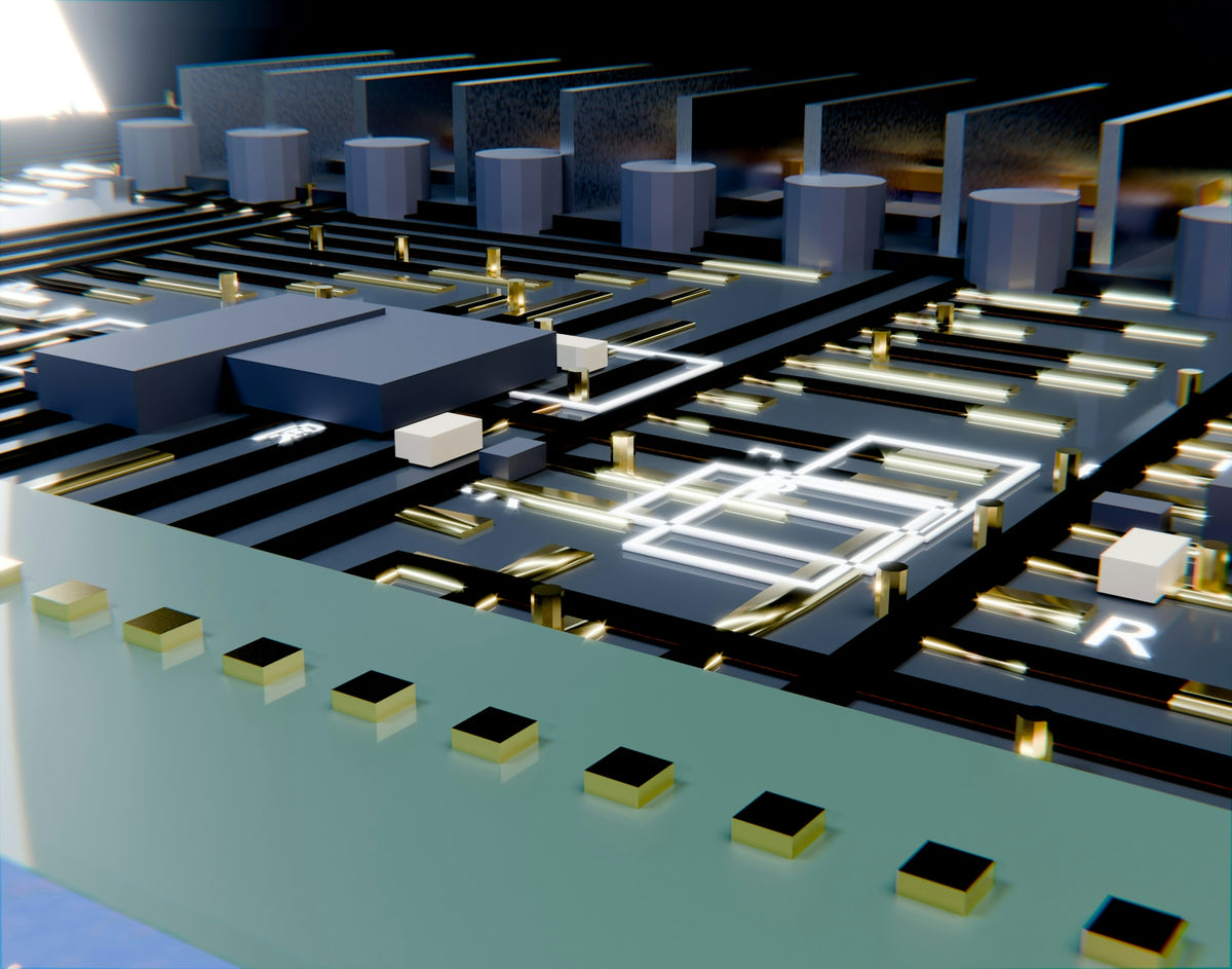 Electronic circuit board with glowing traces and various components
