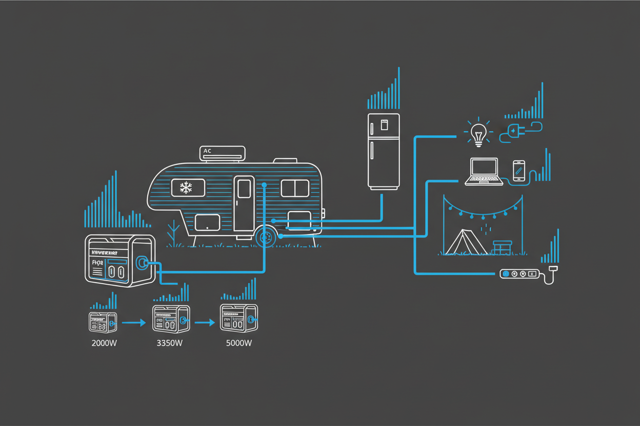 Technical illustration showing RV power requirements and generator sizing.