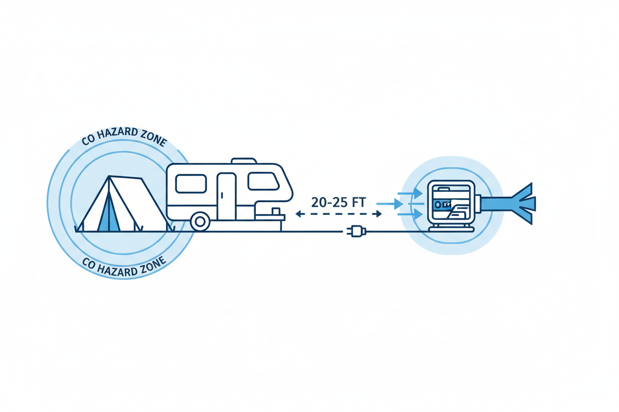 Technical illustration showing proper generator distance and placement for camping.