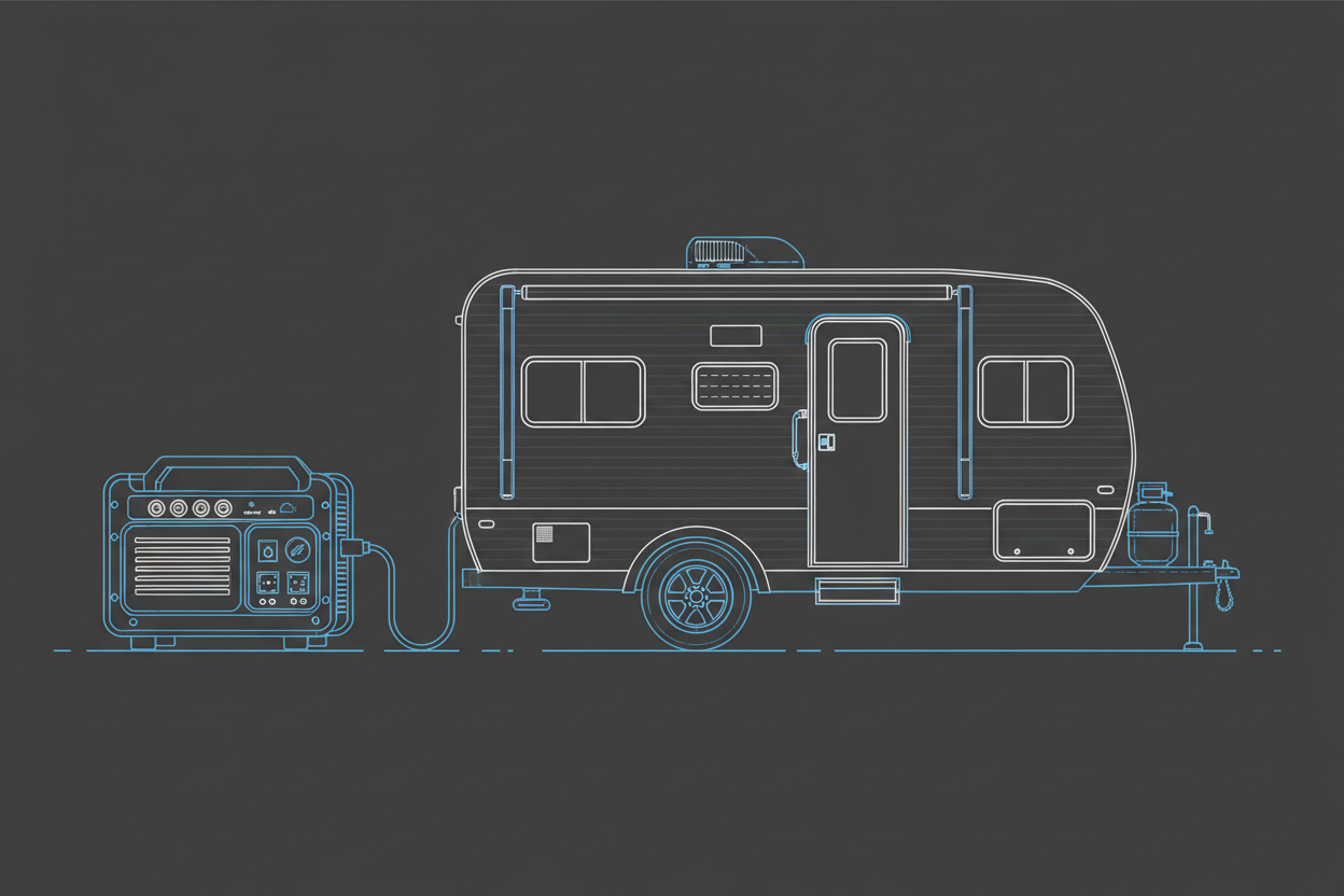 Schematic illustration showing an inverter generator beside an RV.