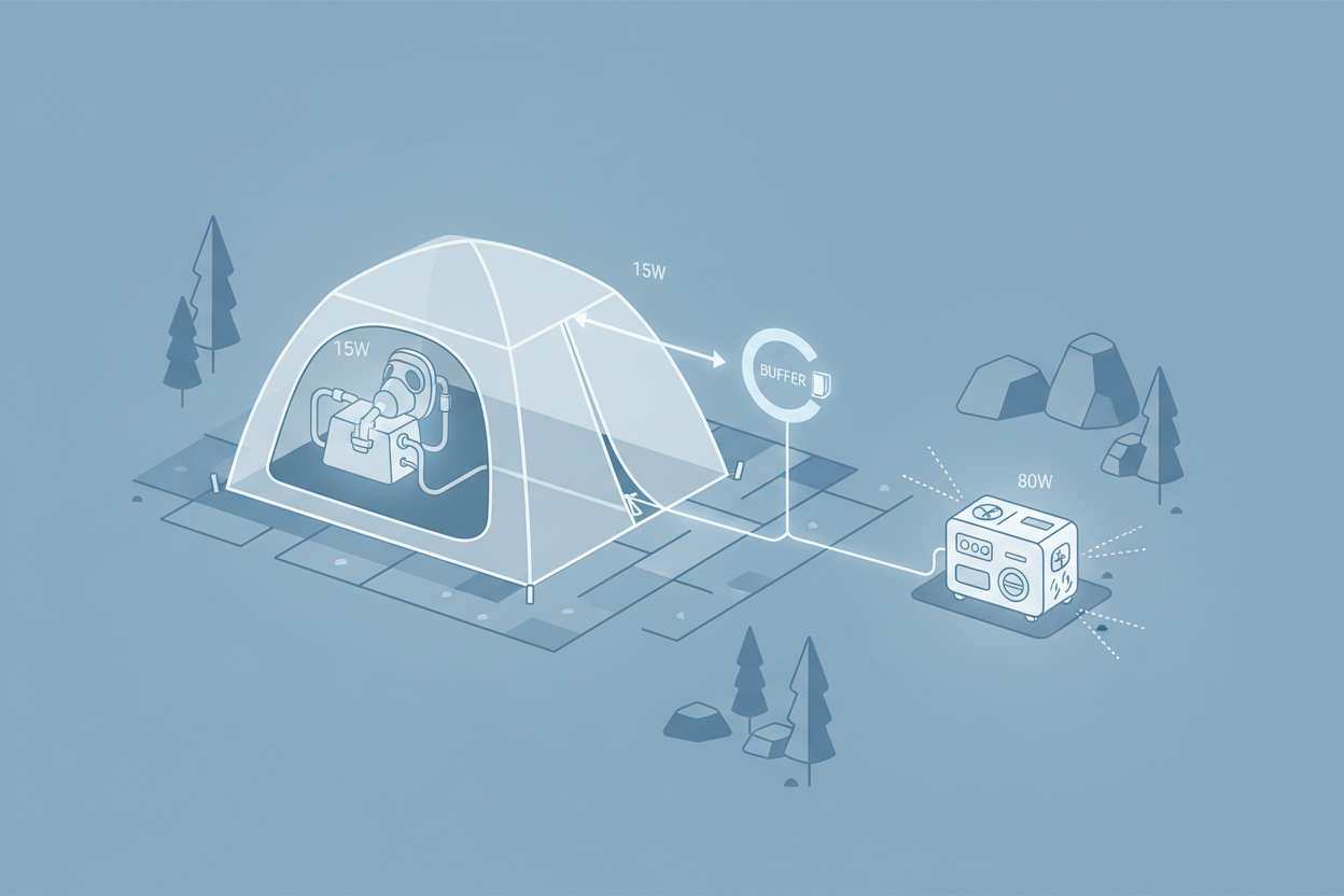 Technical illustration of a CPAP machine powered by a quiet camping generator.