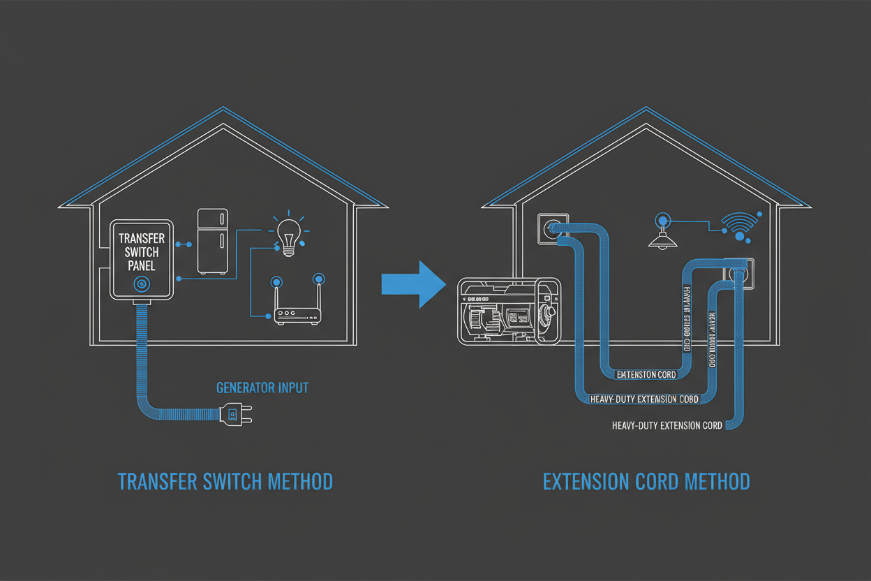 Technical diagram comparing transfer switch and extension cord home backup methods.
