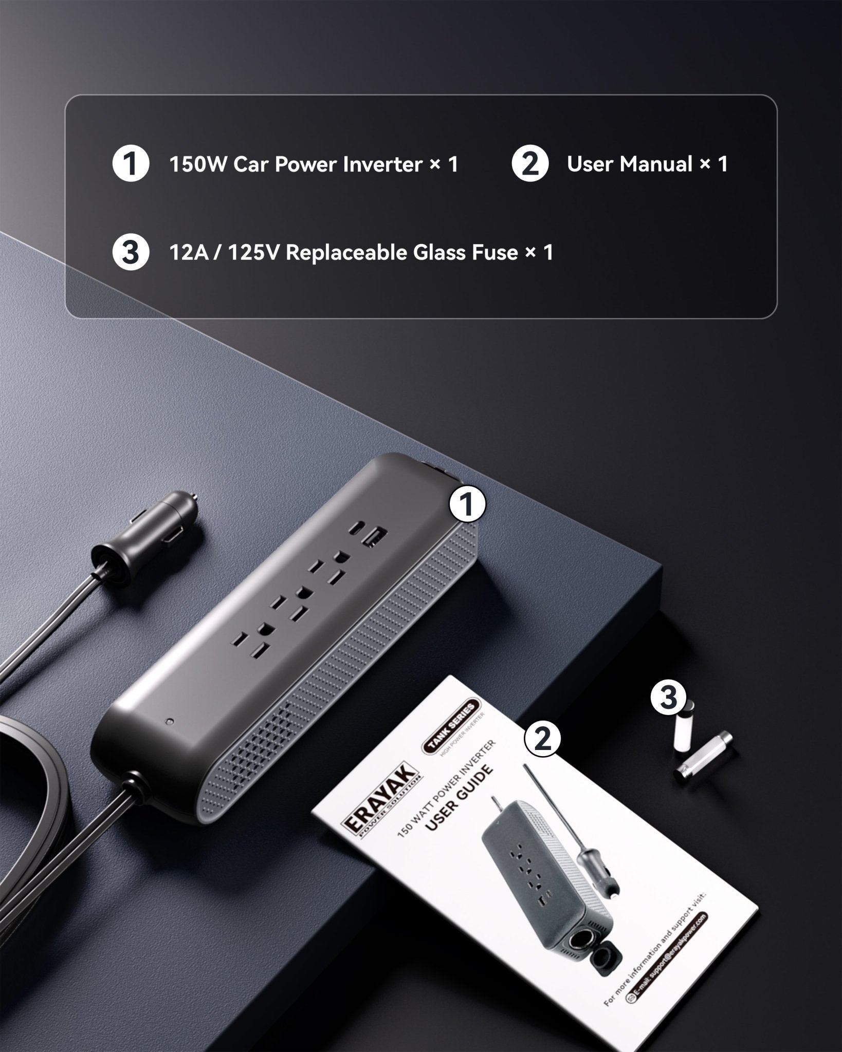 150W Car Power Inverter DC 12V to 110V AC, 18W USB - C & USB - A Fast Charging, 3 AC Outlets for Laptop, Phone, Tablet, Game Console - Compatible with 12V Cigarette Lighter Socket - Erayak Power