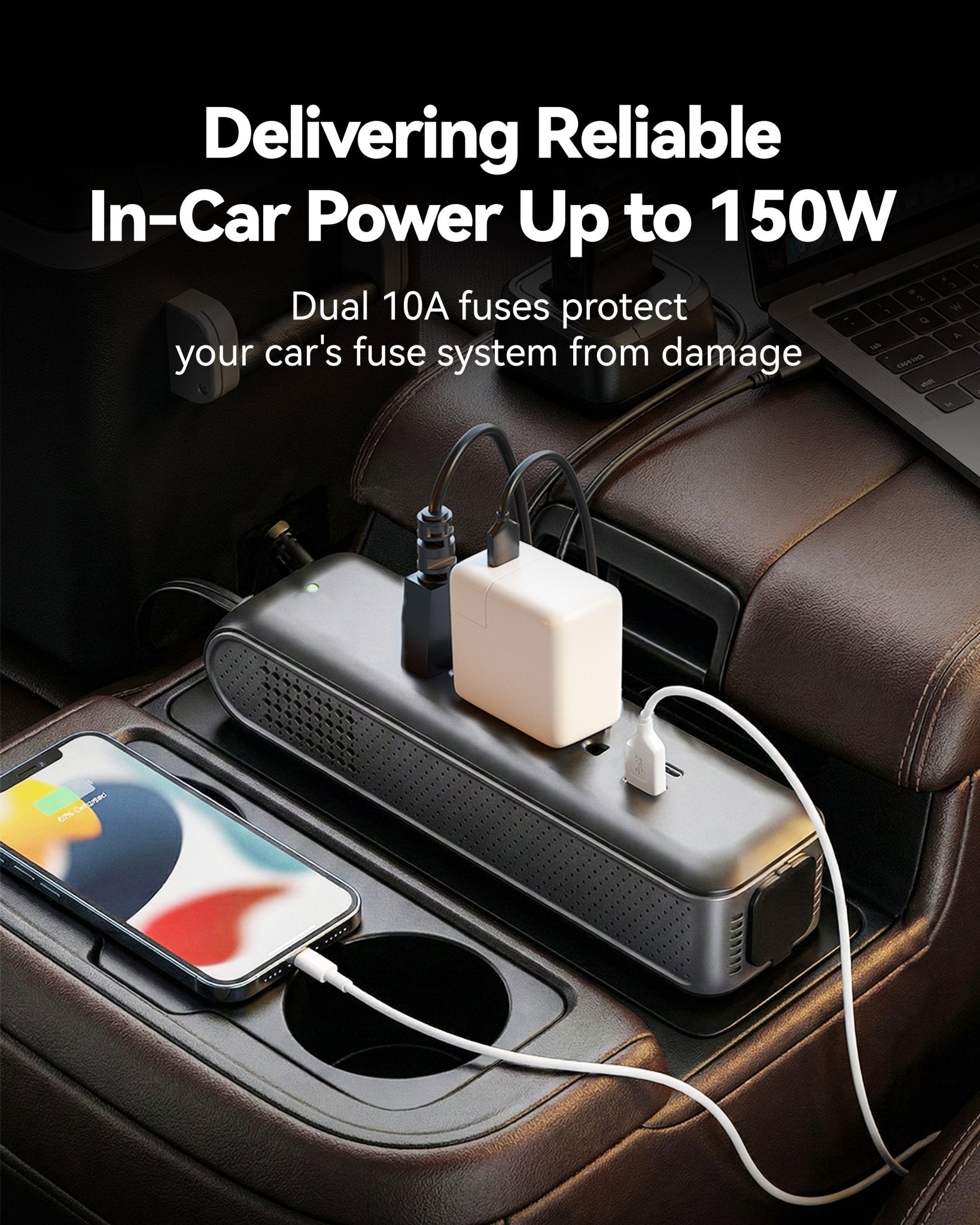 150W Car Power Inverter DC 12V to 110V AC, 18W USB - C & USB - A Fast Charging, 3 AC Outlets for Laptop, Phone, Tablet, Game Console - Compatible with 12V Cigarette Lighter Socket - Erayak Power