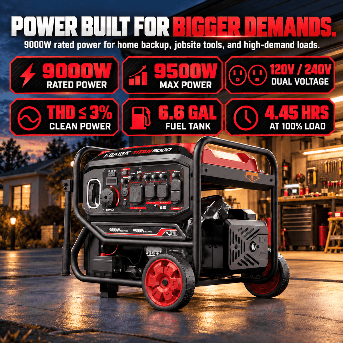 ERAYAK 9000W inverter generator with black and red control panel, large wheels, and sturdy frame, suitable for home backup and job sites