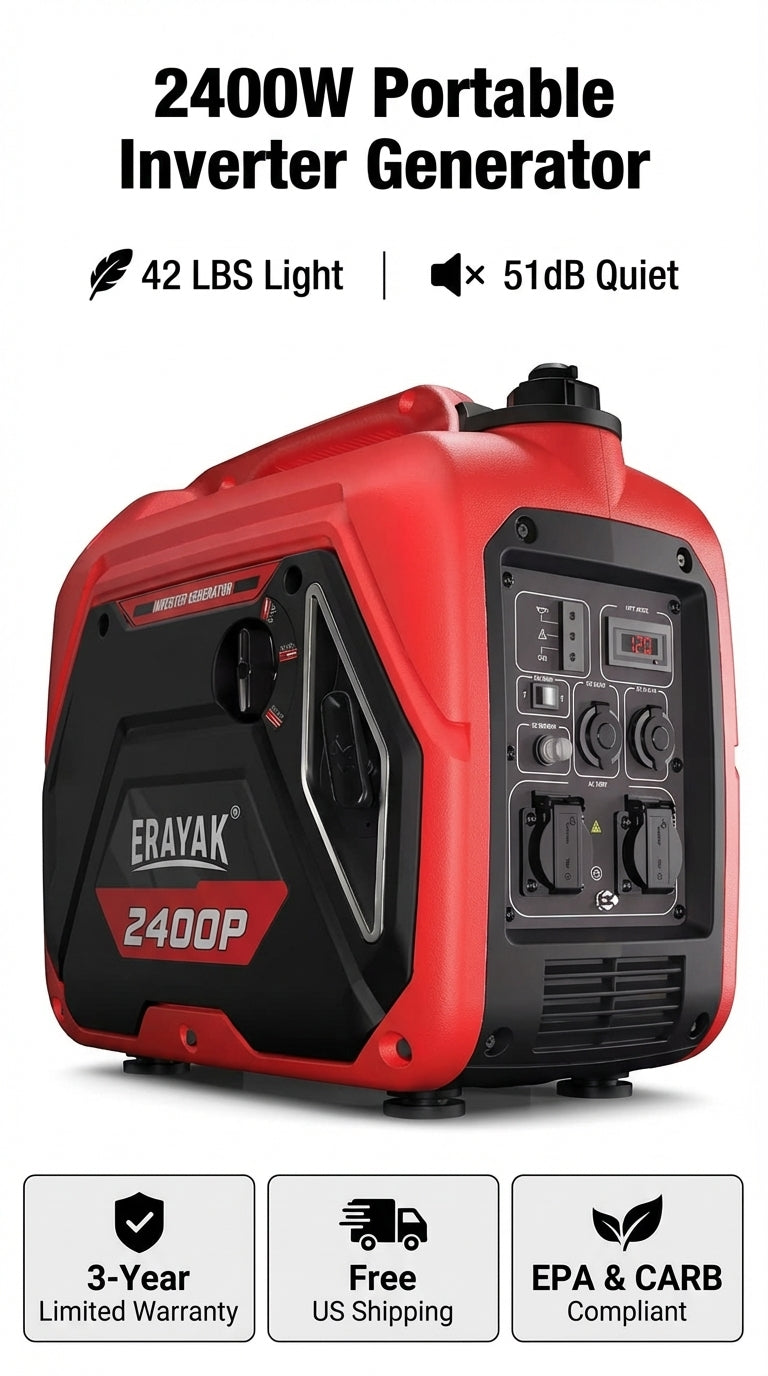 Erayak 2400W Portable Inverter Generator - Super Quiet 51dB, Lightweight 42 lbs | Gas Powered for RV, Camping & Home Backu