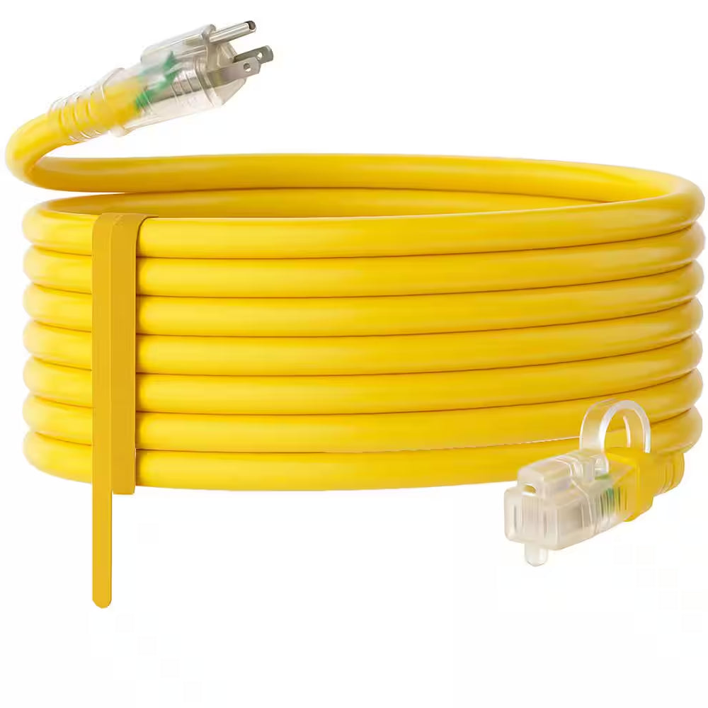 50 Ft 12/3 Gauge Heavy Duty Outdoor Extension Cord with Lighted End, 3 Prong, 15Amp, 1875W, SJTW, Yellow, ETL Listed