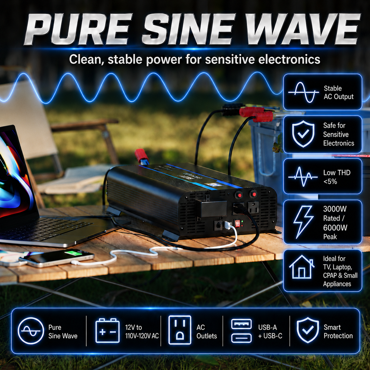 Erayak Onduleur à onde sinusoïdale pure 2000 W 3000 W, convertisseur 12 V DC à 120 V AC – Idéal pour camping-car solaire, camping-car, maison, camion