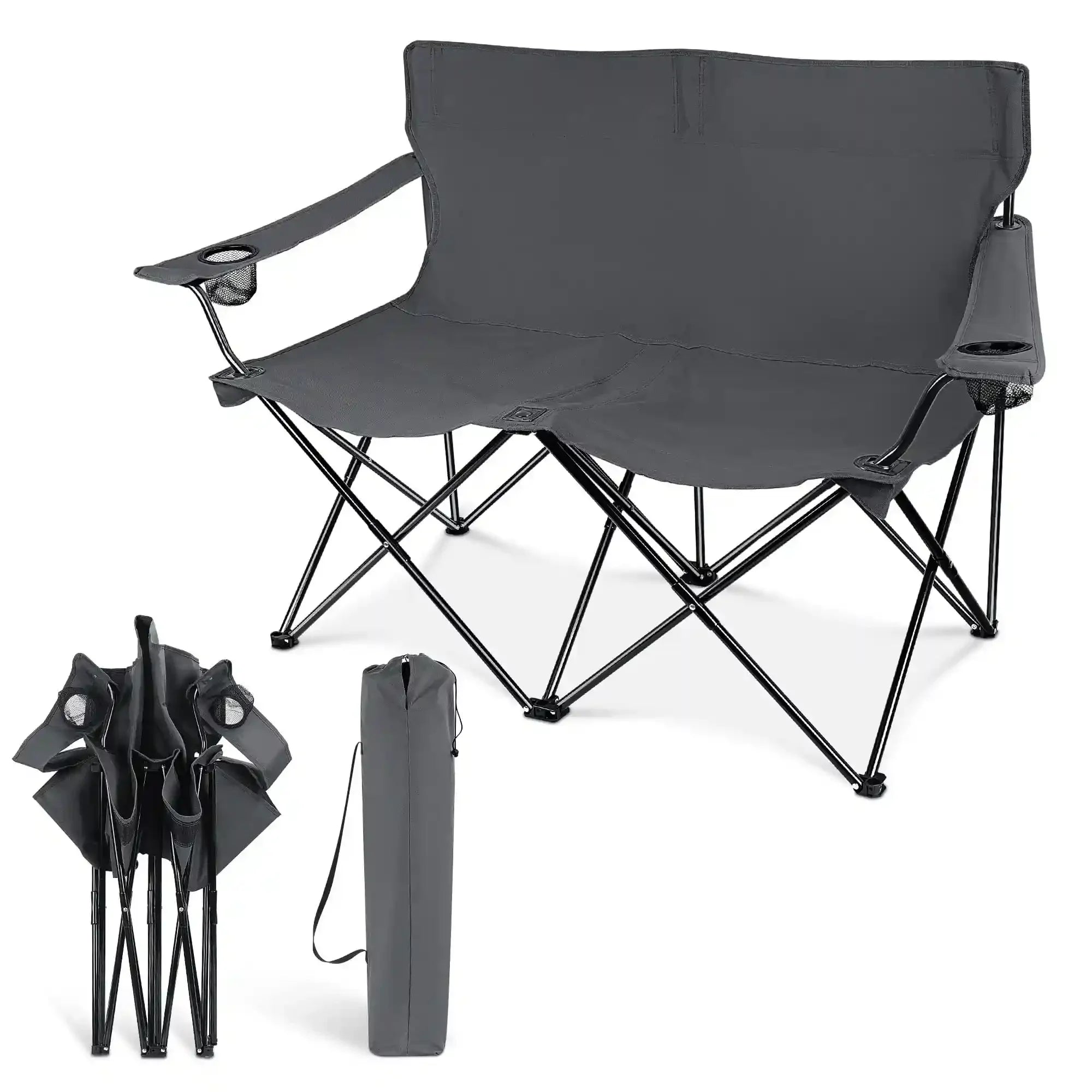 Oversized Foldable Camping Chair, Double Seat Folding Camp Compact Chair for 2 Persons with Storage Bag, Portable & Large for Outdoor Fishing Hiking Travel Picnic Beach Lawn Patio - Grey