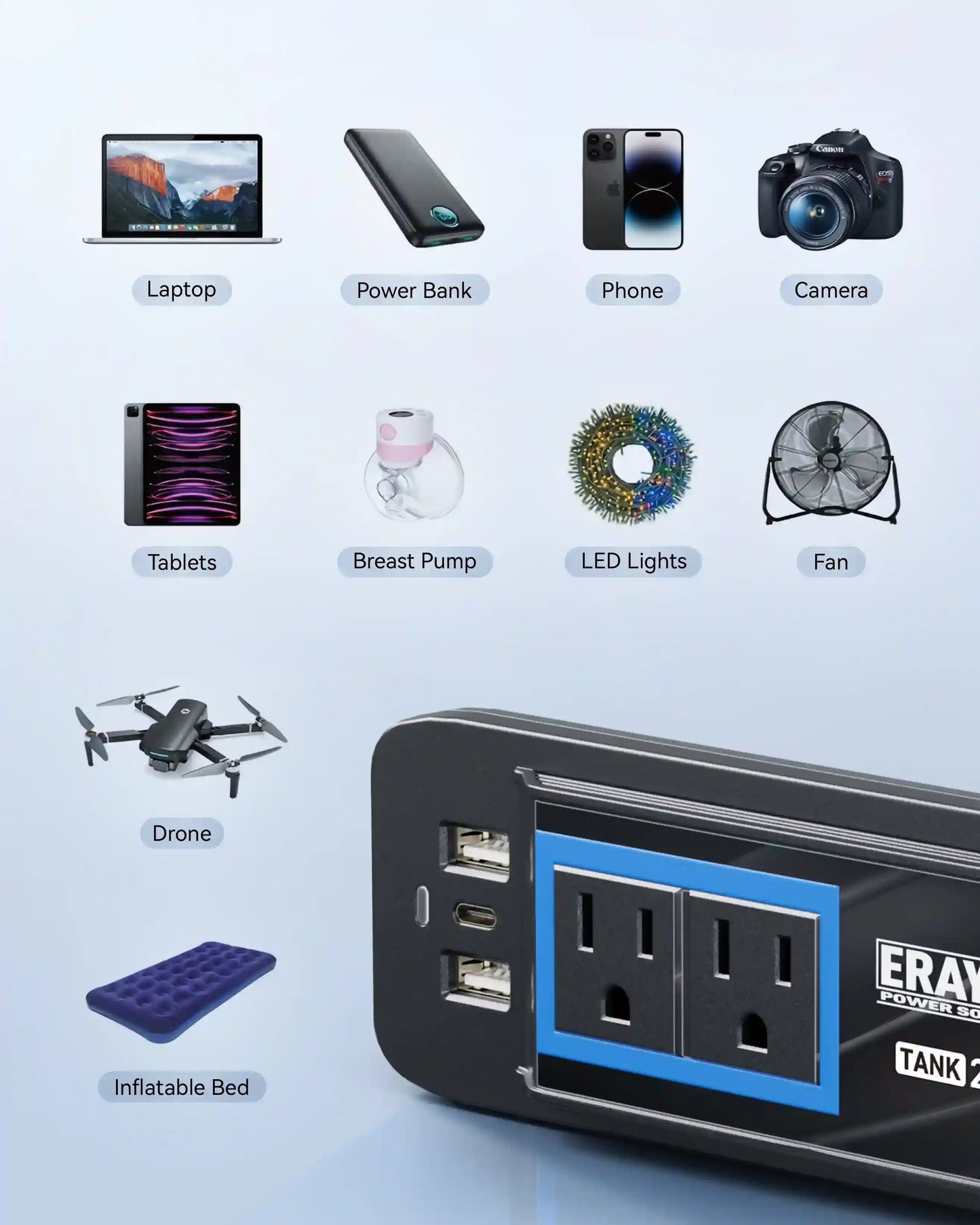 Erayak 200W Cigarette Lighter Inverter - 12V DC to 110V AC Converter with Car Charger & Car Outlet Adapter