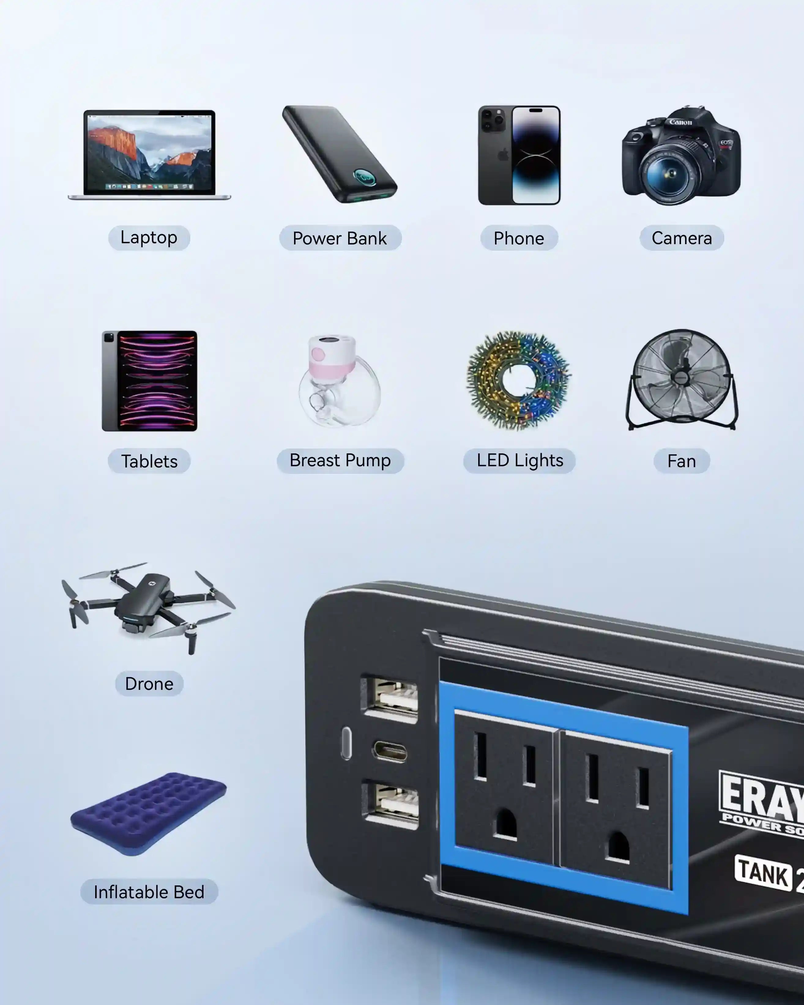 Erayak 12V 200W Continuous Power Inverter USB-C Charger, 3.1A USB for Car, Truck