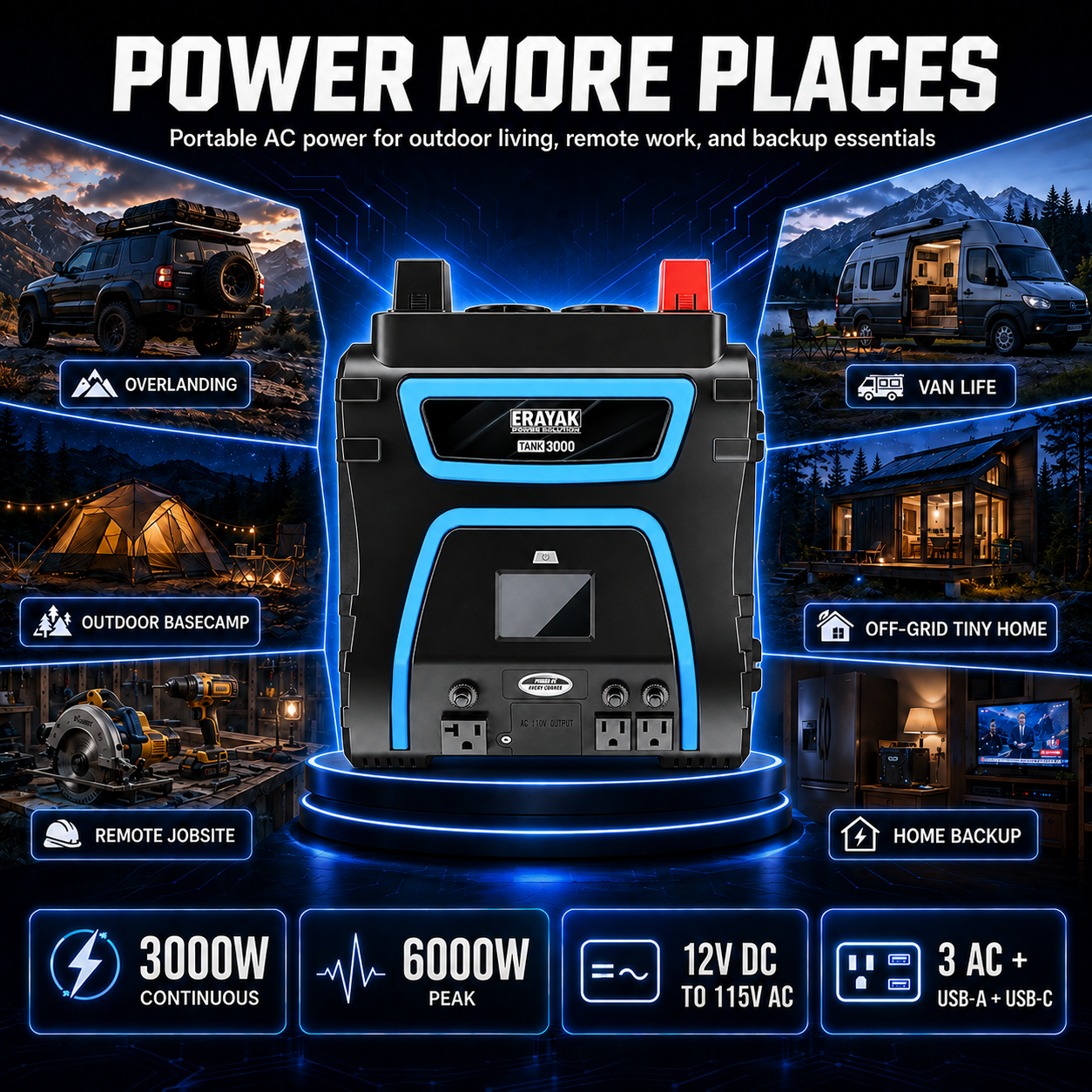 Erayak 3000W Power Inverter, 12V DC to 120V AC, LCD Display, Modified Sine Wave