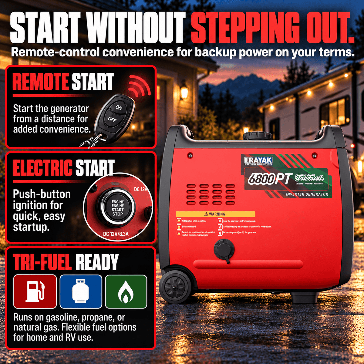 Erayak Tri-Fuel 6800W Inverter Generator for RV Home Backup | 6800PT