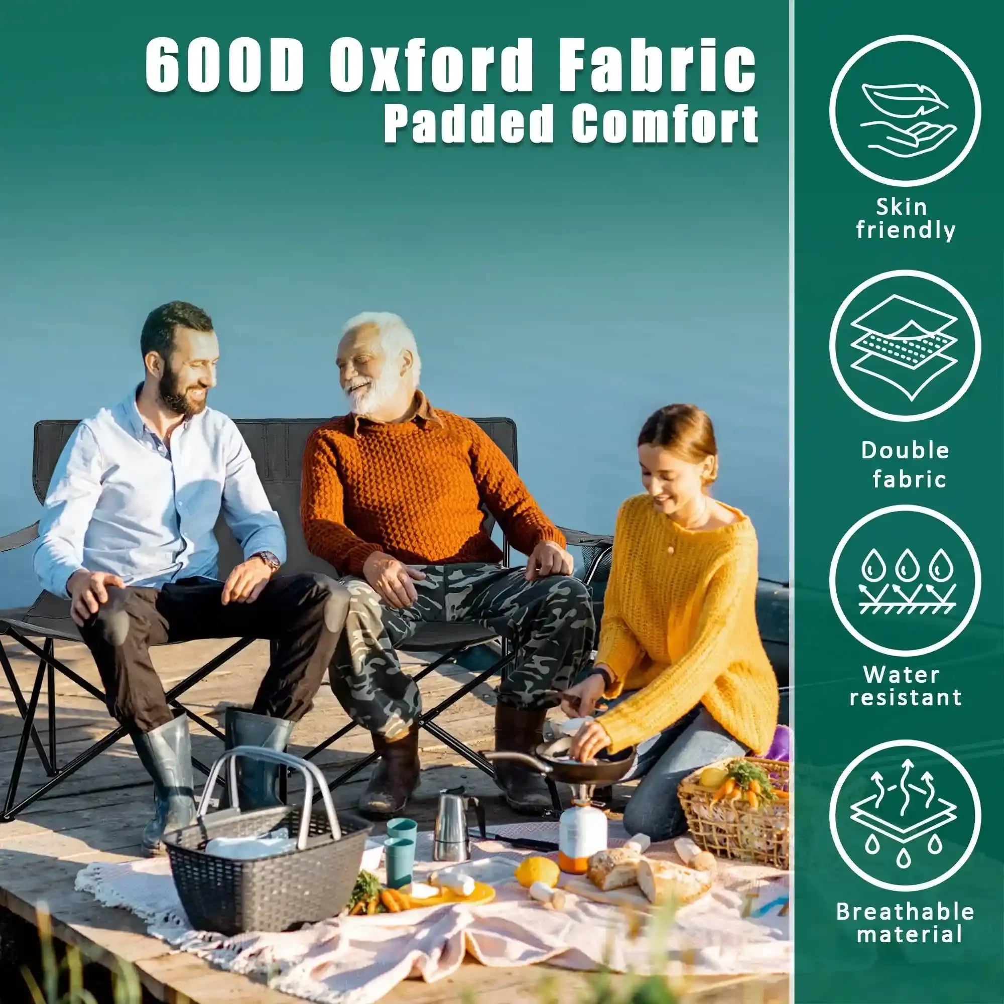 Oversized Foldable Camping Chair, Double Seat Folding Camp Compact Chair for 2 Persons with Storage Bag, Portable & Large for Outdoor Fishing Hiking Travel Picnic Beach Lawn Patio - Grey