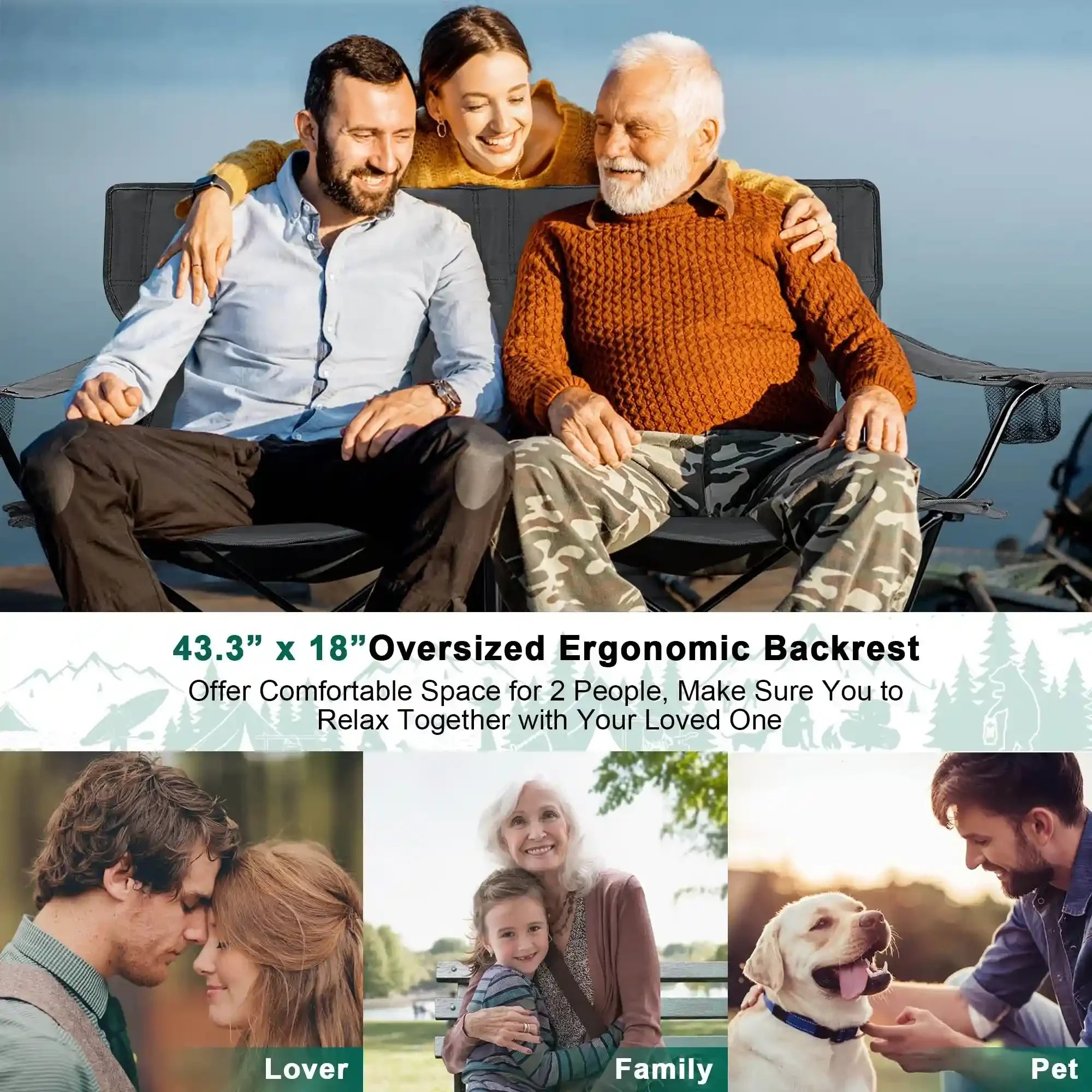 Oversized Foldable Camping Chair, Double Seat Folding Camp Compact Chair for 2 Persons with Storage Bag, Portable & Large for Outdoor Fishing Hiking Travel Picnic Beach Lawn Patio - Grey