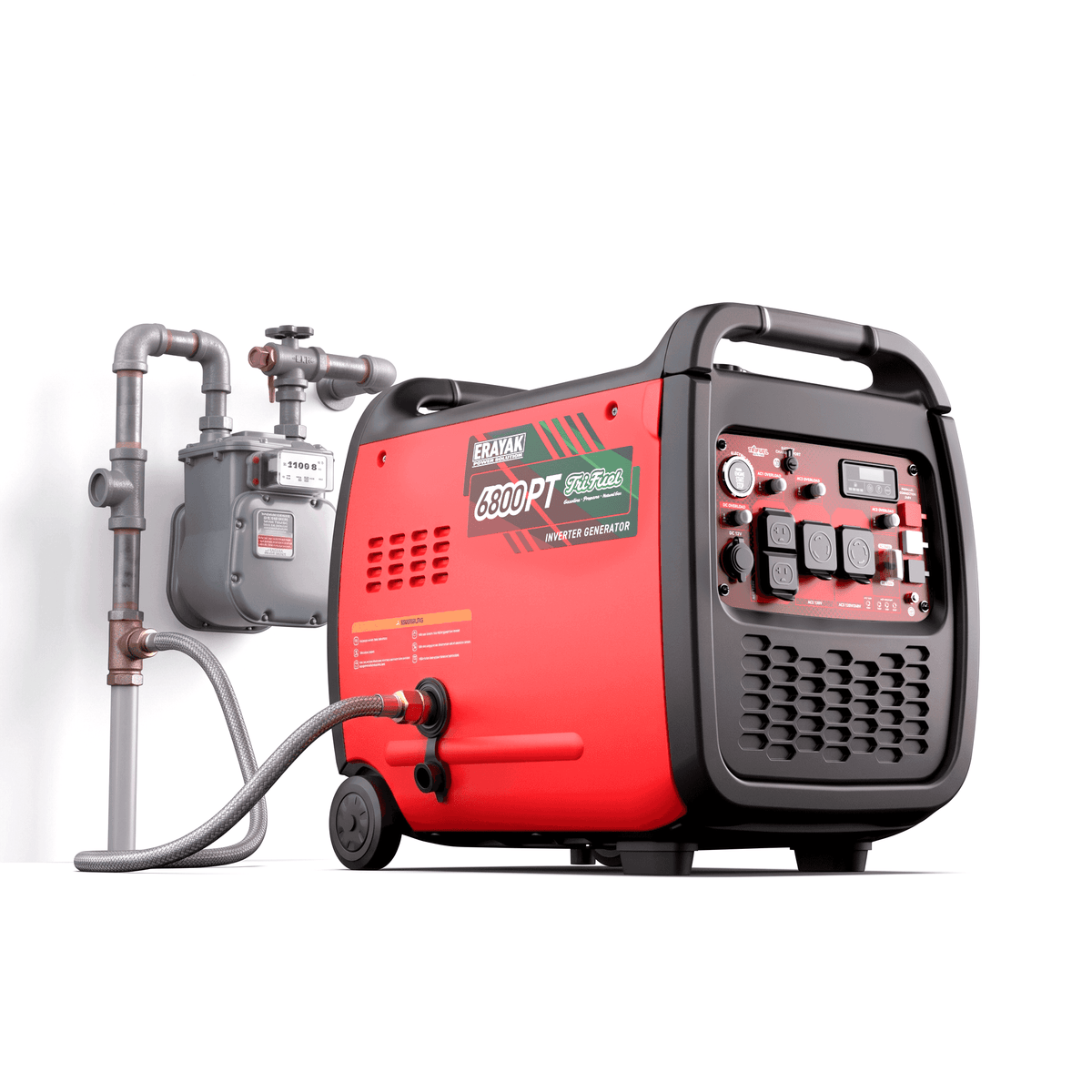 Red and black Erayak Tri-Fuel inverter generator with control panel, multiple outlets, and sturdy handle for RV and home backup power