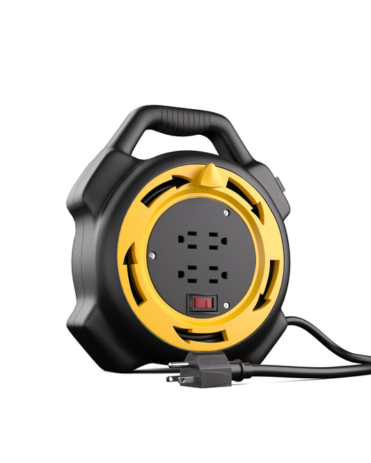 ERAYAK Extension Cord Reel with 25 FT Power Cord, Hand Wind Retractable, 16/3 AWG SJTW, 4 Grounded Outlets, 13 Amp Circuit Breaker, Yellow, Black