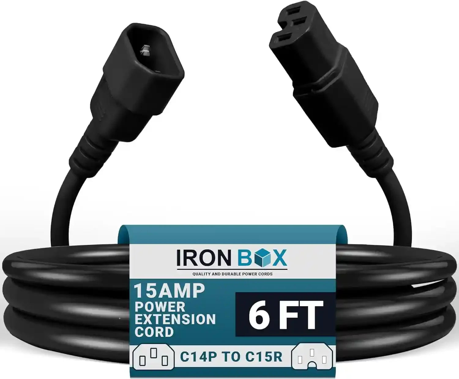 Ironbox Electric C14 to C15 Power Cord - 15A/250V, 14/3 AWG SJT - Heavy Duty Cord - UL Listed IEC Power Cable Extension - Jumper Cords for Computer, Server, Desktop, Speaker & More (6Ft, Black)