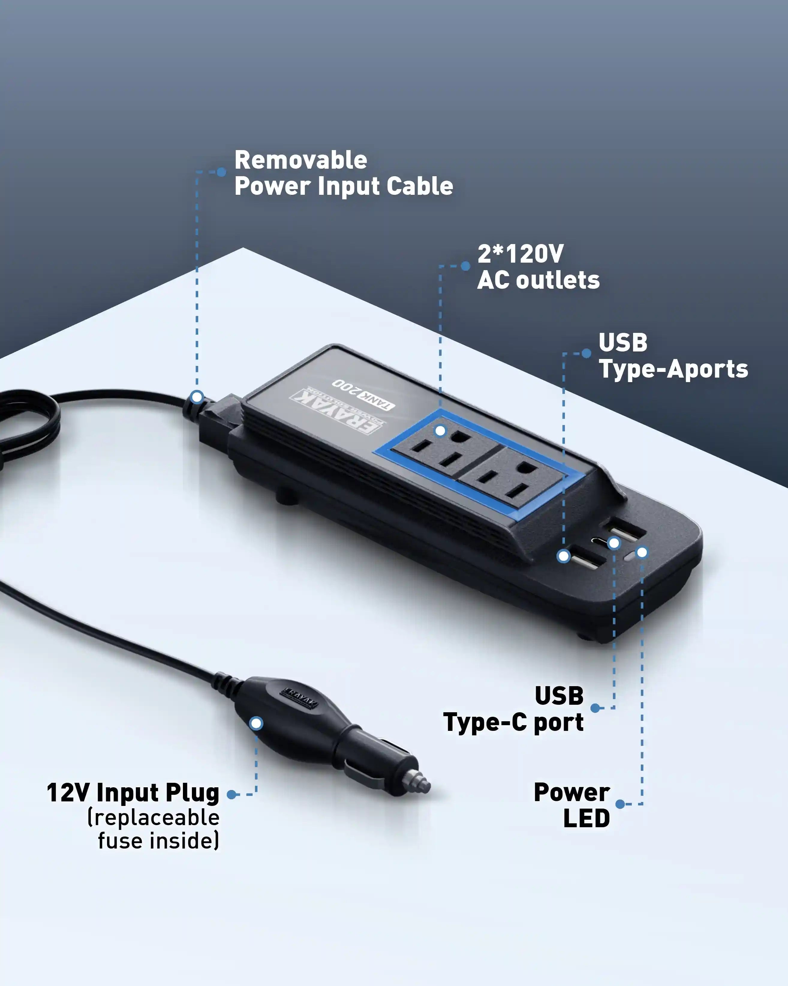 Erayak 12V 200W Continuous Power Inverter USB-C Charger, 3.1A USB for Car, Truck