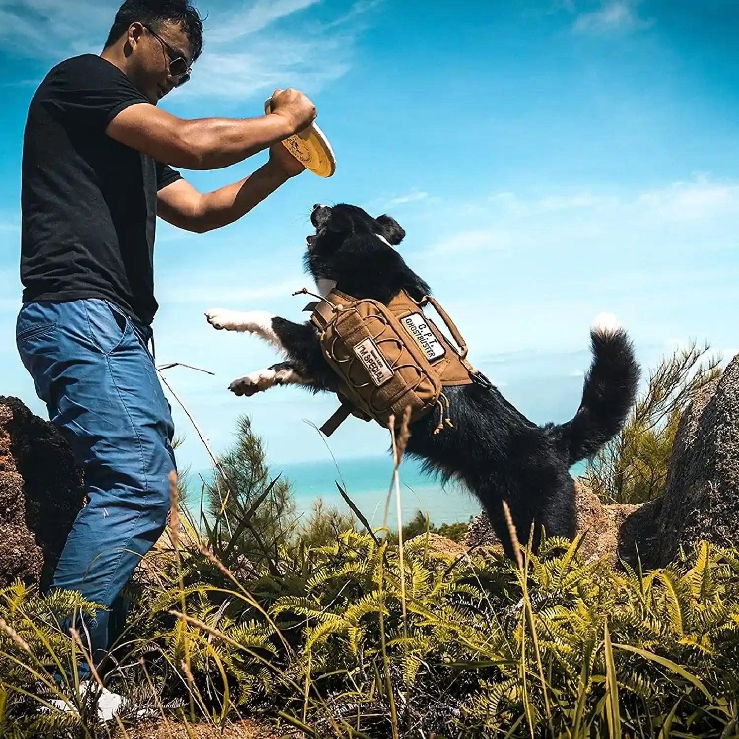 Onetigris Dog Backpack for Medium & Large Dogs, Nylon Backpack for Dogs Tactical Pet Backpack with Side Pockets for Hiking Walking Training Running (Brown, Medium)