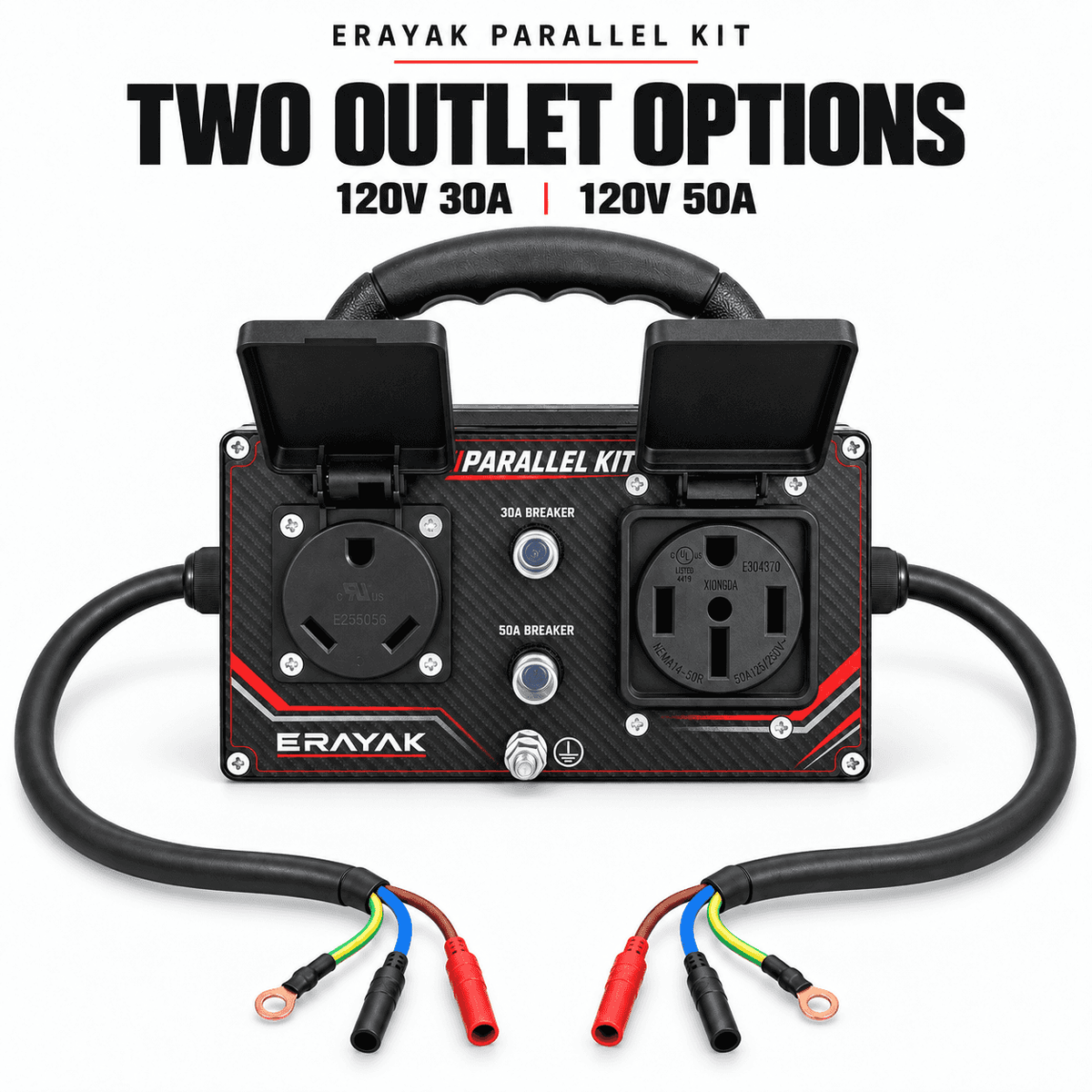 ERAYAK parallel kit packaging showing two power outlets, cables, and circuit breakers for connecting inverter generators
