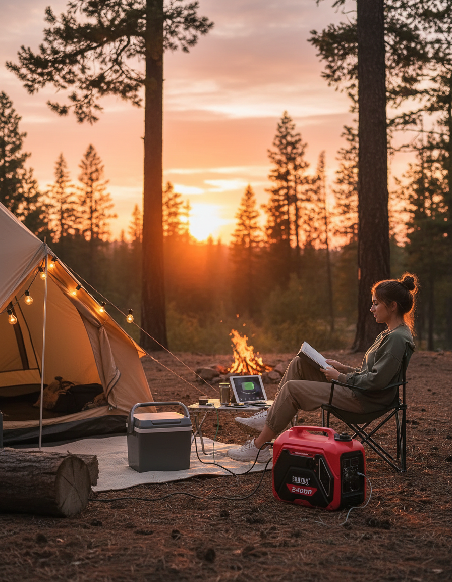 Erayak 2400W Generator Powering Campsite - Quiet 51dB Portable Power for Tent Camping and Outdoor Adventures