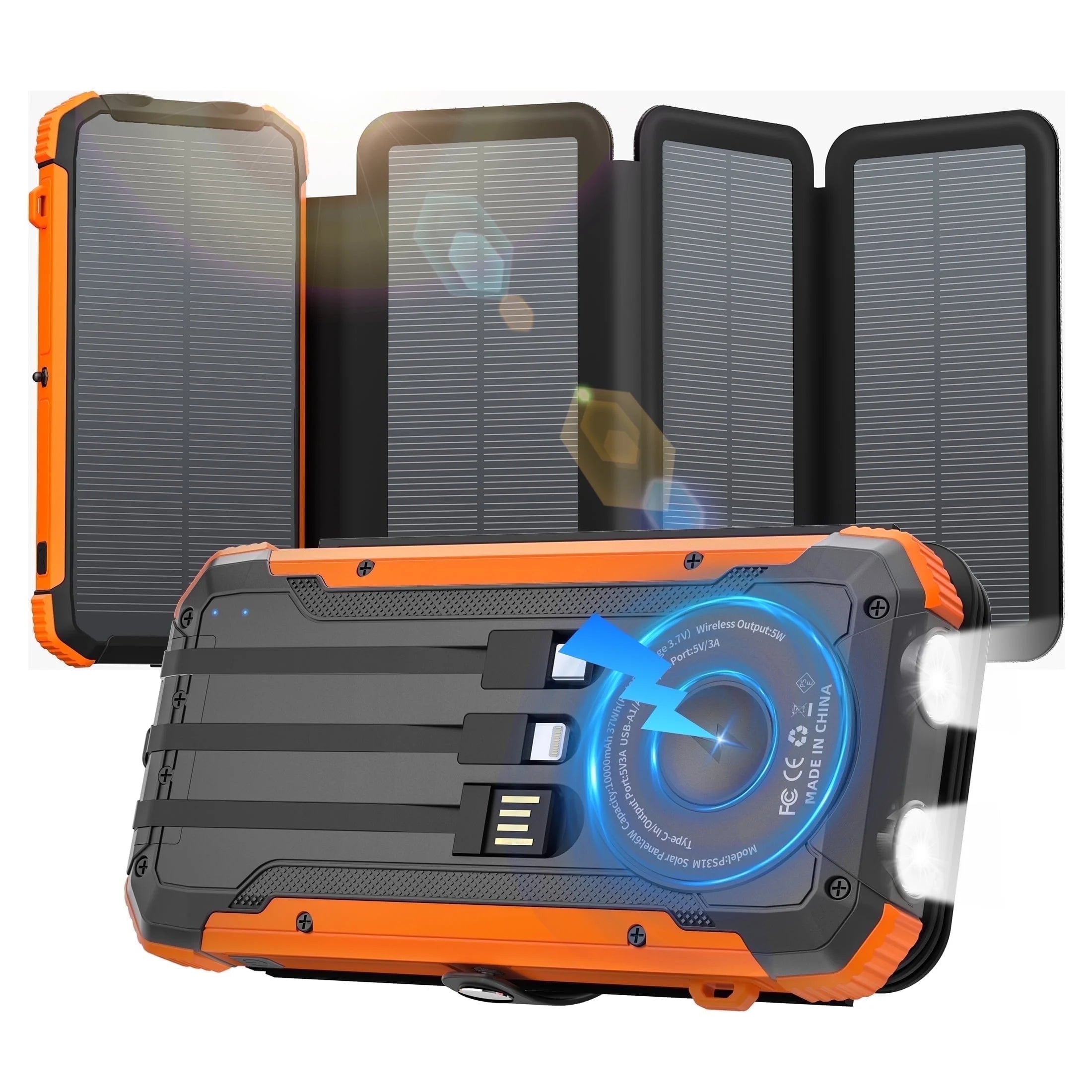 20000Mah Solar Power Bank with 4 Solar Panels,Portable Charger with Built-In 3 Cables and 5W Wireless Charging,Phone Charger Compatible with Iphone/Android-Camping/Travel Essentials(Orange)