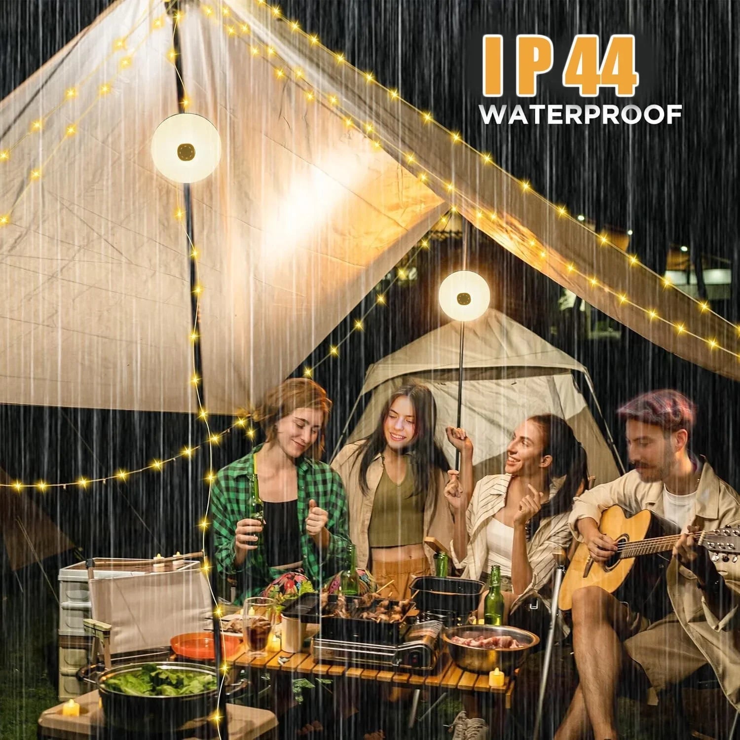 Rechargeable Waterproof Camping String Lights, 32.8FT/10M Outdoor Camping Lights with 8 Modes & 4-In-1 Quick Storage, Portable Hanging Lights for Patio, Tent, Garden, Party, Christmas, Wedding Decor