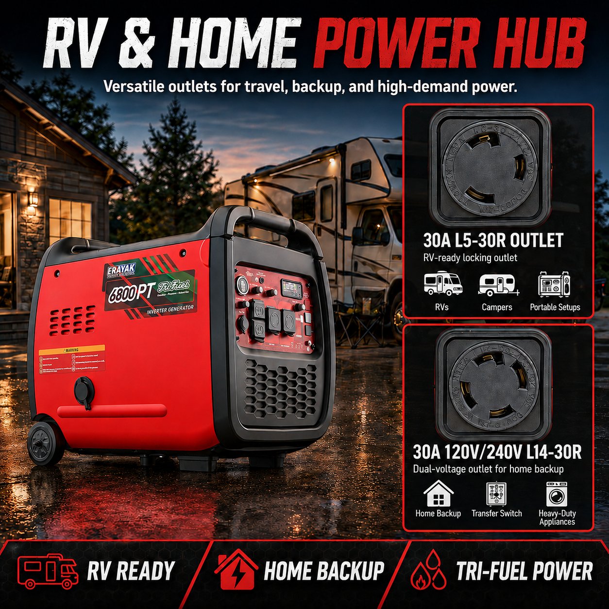 Erayak 6800W Portable Inverter Generator | 120V/240V For RV & Home Backup,Tri-Fuel
