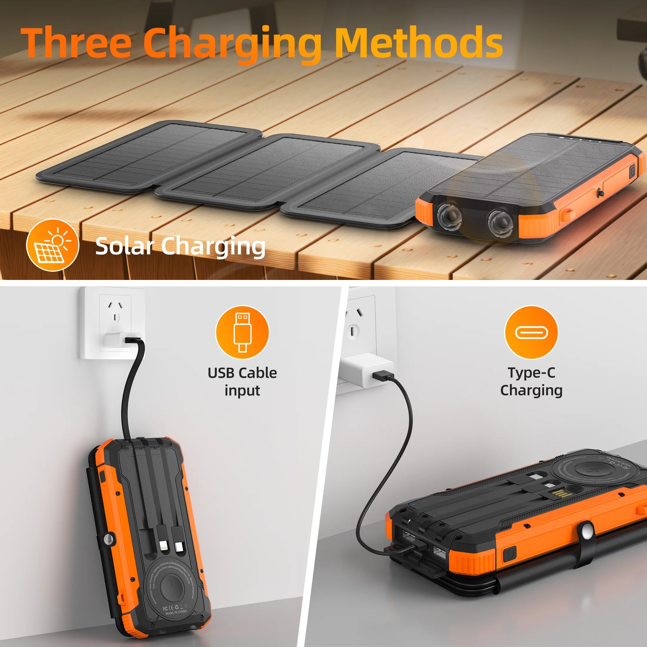 20000Mah Solar Power Bank with 4 Solar Panels,Portable Charger with Built-In 3 Cables and 5W Wireless Charging,Phone Charger Compatible with Iphone/Android-Camping/Travel Essentials(Orange)