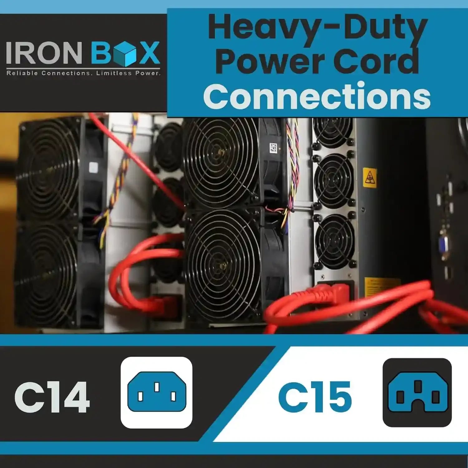 Ironbox Electric C14 to C15 Power Cord - 15A/250V, 14/3 AWG SJT - Heavy Duty Cord - UL Listed IEC Power Cable Extension - Jumper Cords for Computer, Server, Desktop, Speaker & More (6Ft, Black)