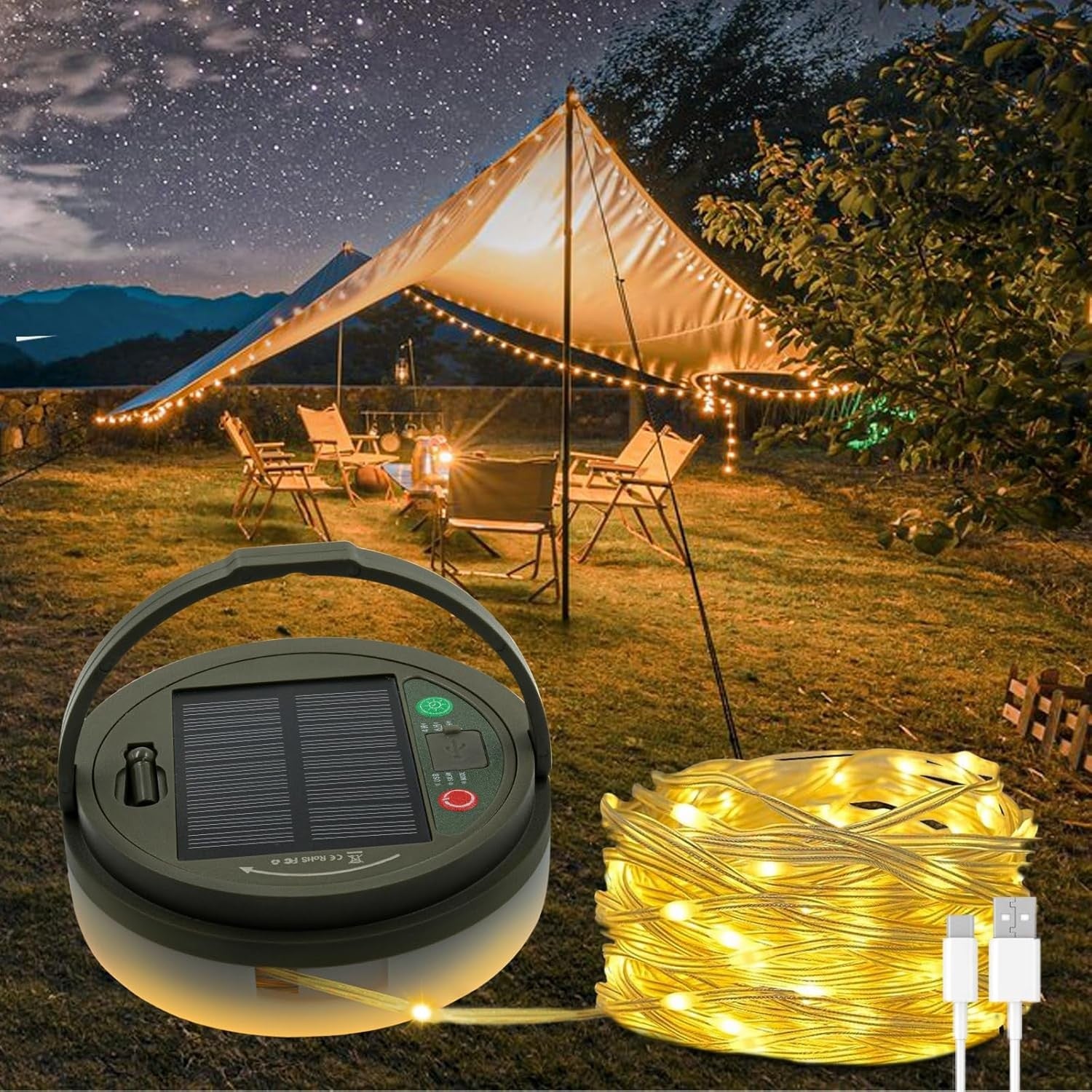 Solar Camping String Lights, 32.8FT Fairy String Lights 130Leds, 4 in 1 Portable