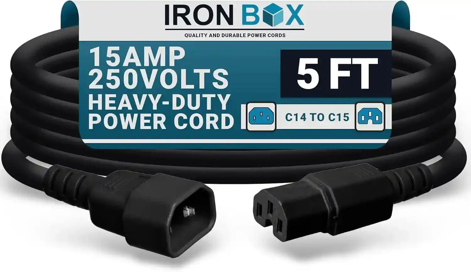 Ironbox Electric C14 to C15 Power Cord - 15A/250V, 14/3 AWG SJT - Heavy Duty Cables - UL Listed IEC Power Cable Extension - Jumper Cords for Computer, Server, Desktop, Speaker & More (5Ft, Black)