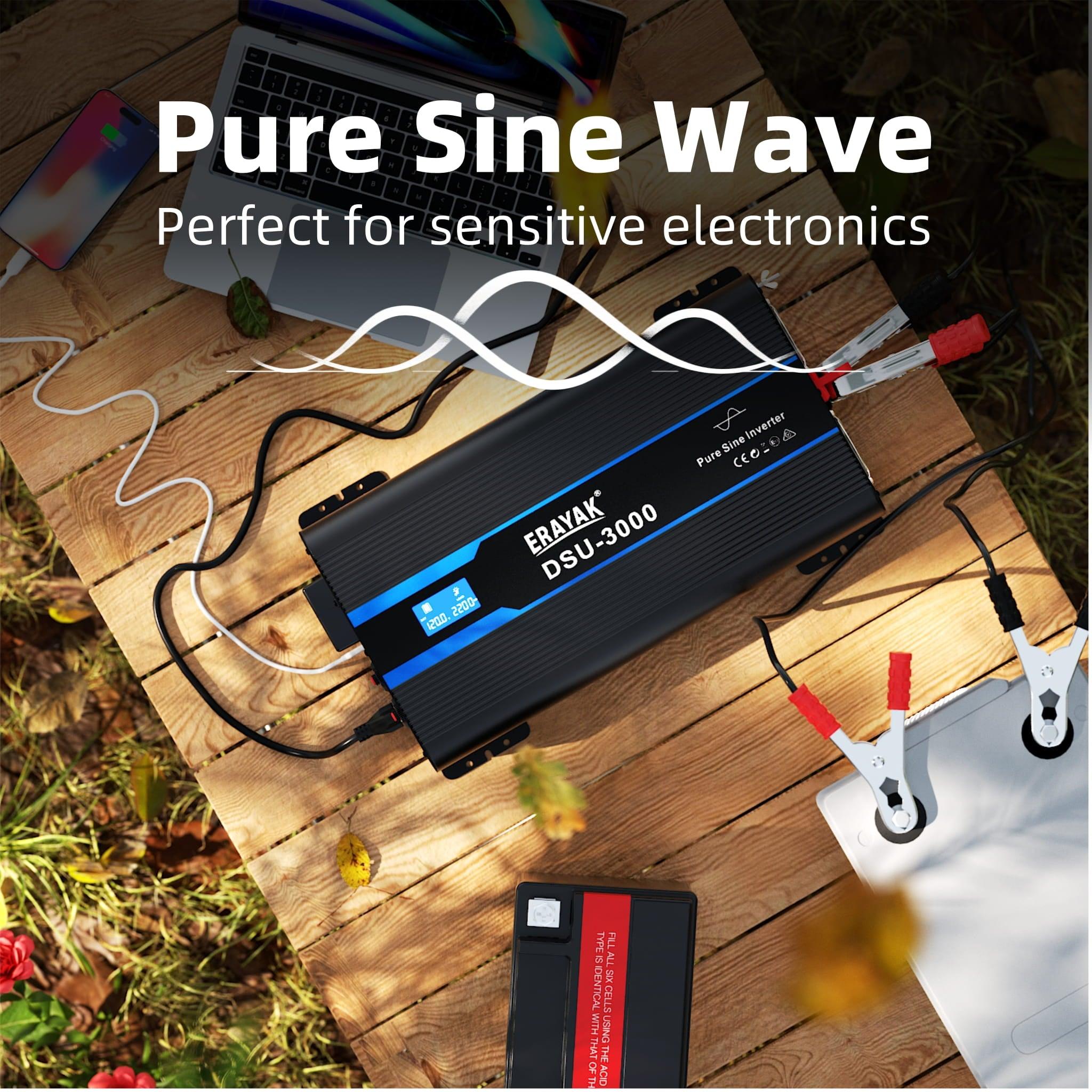 DSU Pure Sine Wave Inverter, 12V DC to 120V AC, Converter for Home, RV, Truck, Off-Grid Solar - Erayak